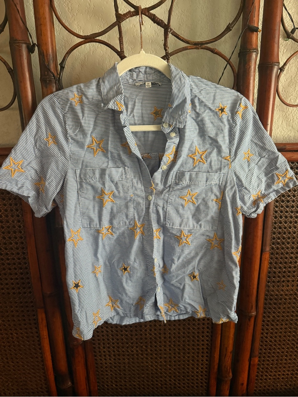 Madewell Light Blue Striped Short-Sleeve Shirt with Yellow Star Embroidery